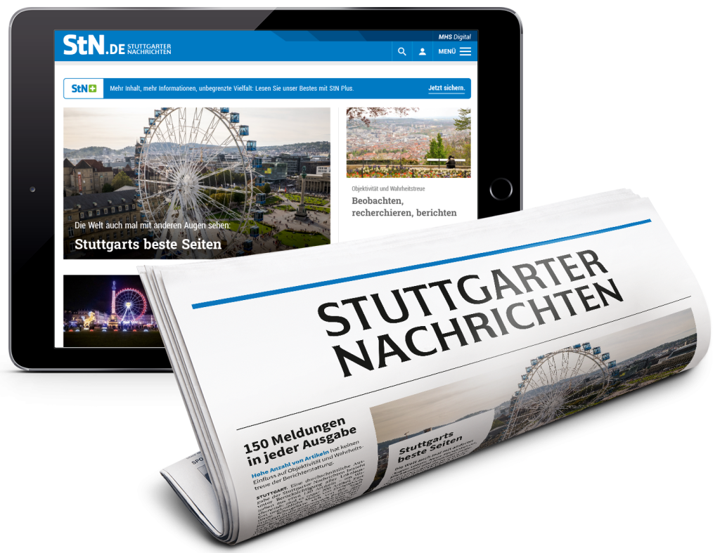 iPad mit Ansicht der Stuttgarter Nachrichten und Zeitungsrolle Stuttgarter Nachrichten