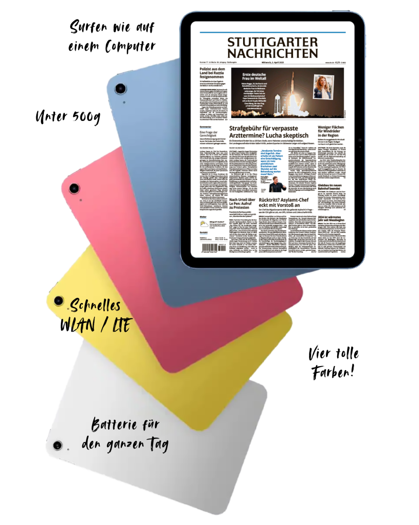 Fünf farbige Apple iPads mit E-Paper der Stuttgarter Nachrichten