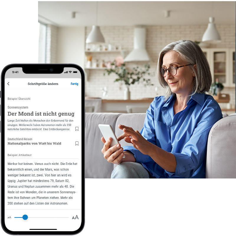 Frau hält Smartphone in ihrer Hand. Im Vordergrund ist ein Smartphone mit einem geöffneten Artikel in der StN News-App.