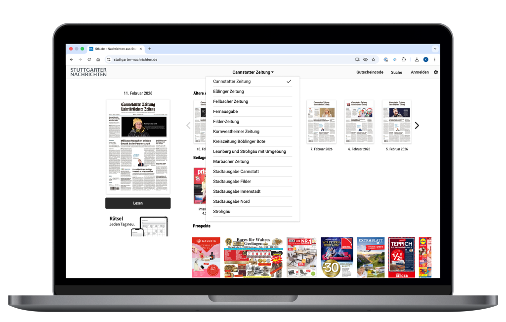 Oben zentriert können Sie Ihre gewünschte Lokalausgabe auswählen