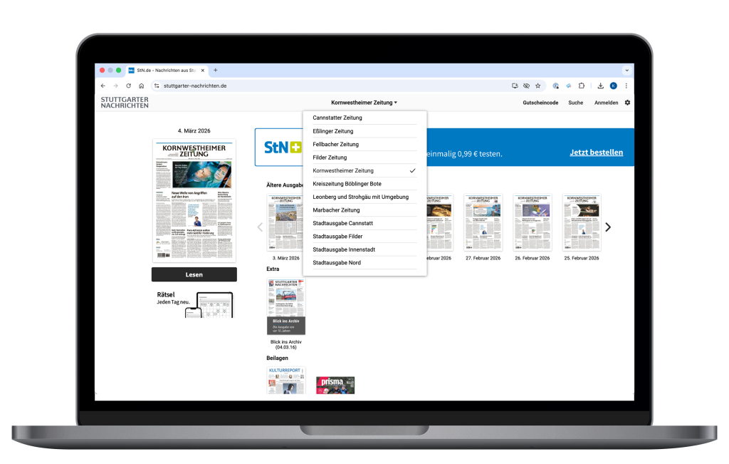 Oben zentriert können Sie Ihre gewünschte Lokalausgabe auswählen
