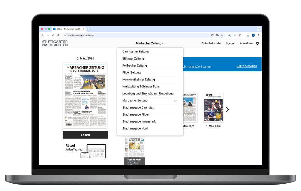 Oben zentriert können Sie Ihre gewünschte Lokalausgabe auswählen