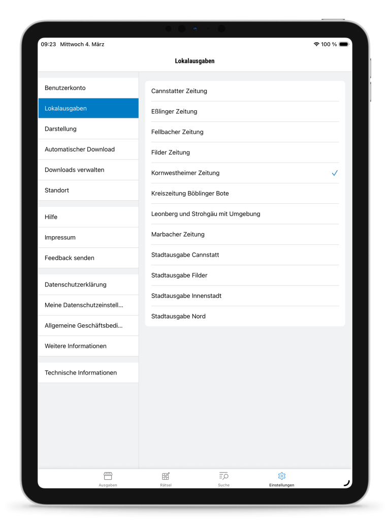 Dann unter "Lokalausgaben" die gewünschte Lokalausgabe auswählen