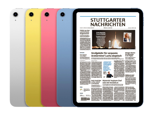 Fünf Apple iPads in verschiedenen Farben mit E-Paper der Stuttgarter Nachrichten